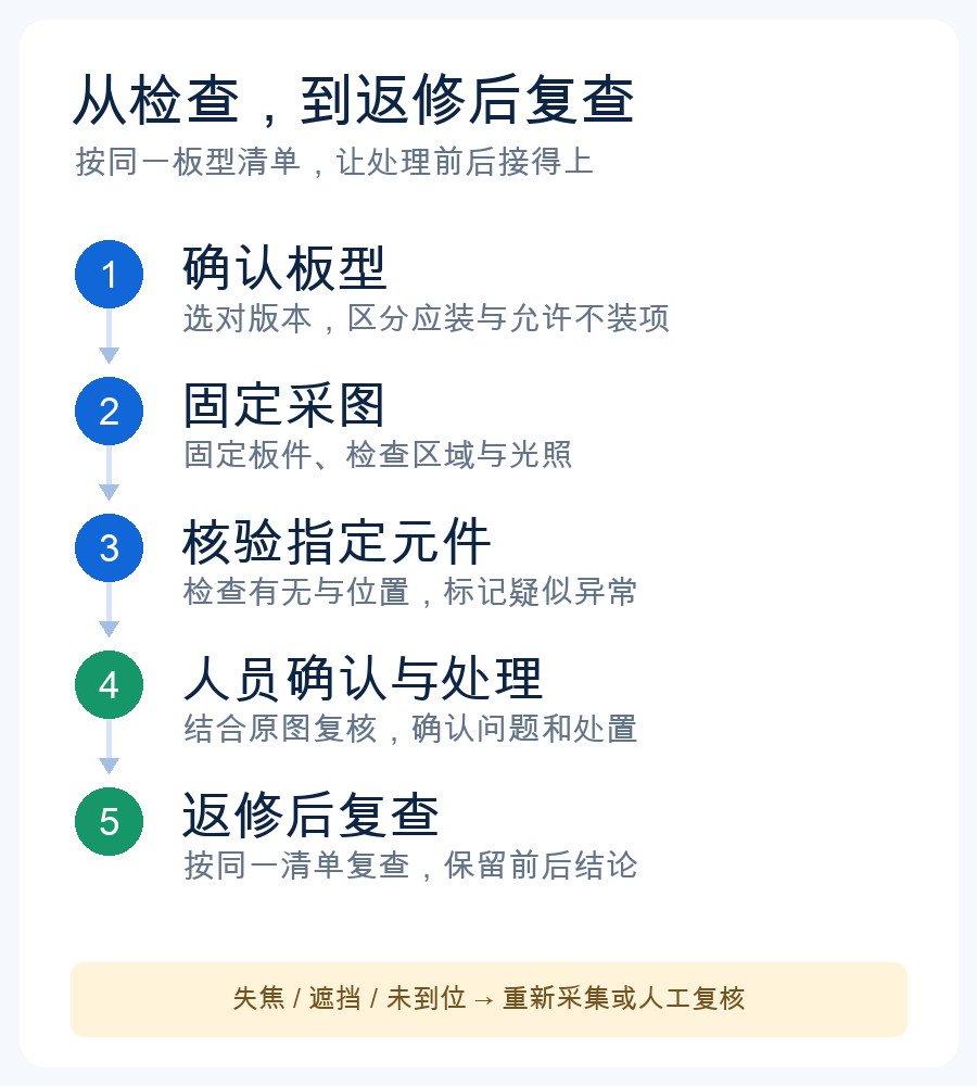 流程示意:确认板型和应装清单,固定采图,核验指定元件,人员确认异常,返修后按同一清单复查;看不清时重新采集或转人工。